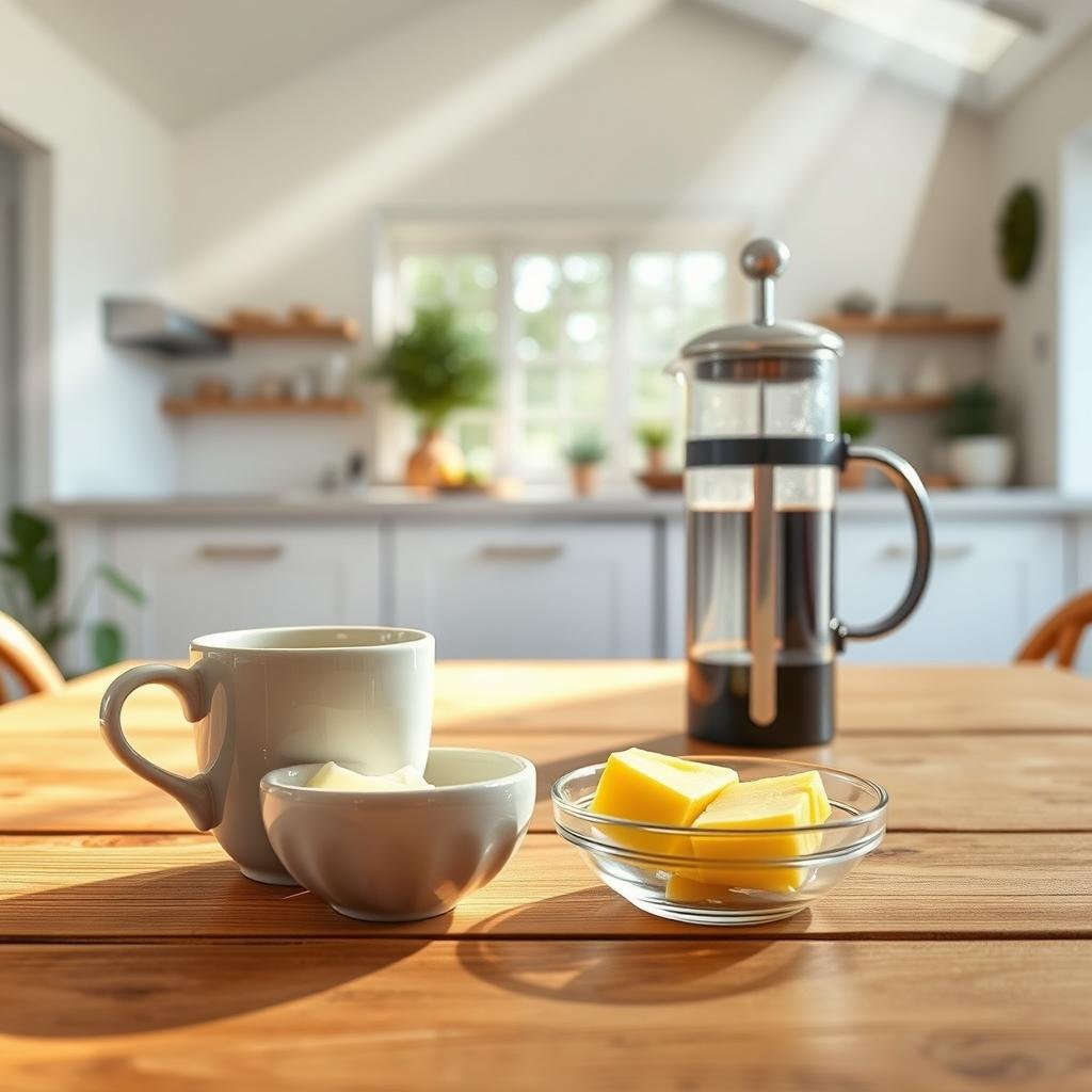 A neatly arranged wooden table, in the foreground, showcasing the preparation of grass-fed butter coffee. On the table, a glass French press, a ceramic mug, and a small glass bowl filled with golden yellow grass-fed butter. Beams of soft, warm lighting gently illuminate the scene, creating a cozy, inviting atmosphere. In the middle ground, a clean, minimalist kitchen environment, with clean white walls and subtle hints of greenery. The background features a large window, allowing natural daylight to filter in, casting a serene, earthy ambiance over the entire setting.