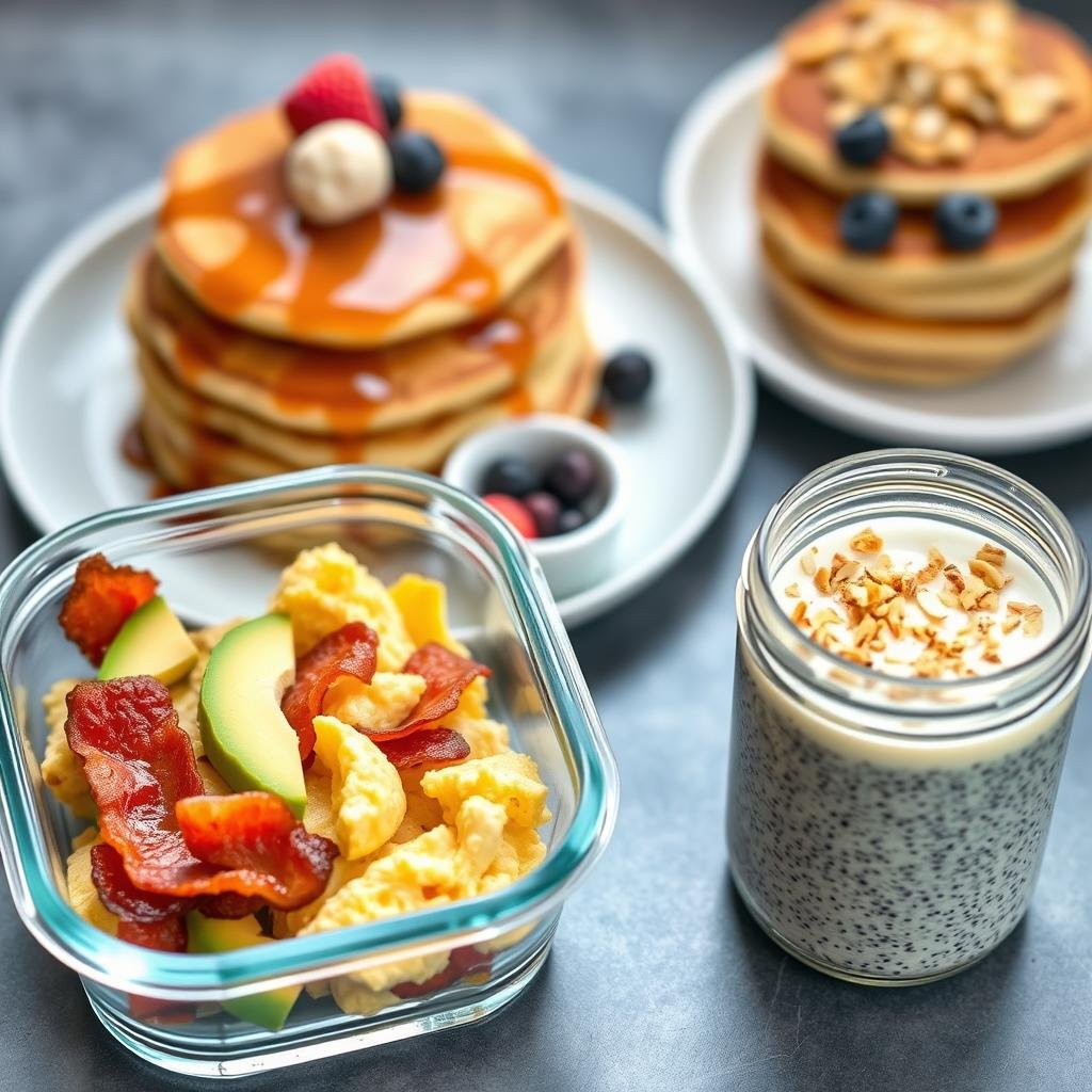 A neatly organized keto breakfast meal prep with an assortment of savory and sweet options. In the foreground, a glass container holds scrambled eggs with bacon and avocado slices. In the middle, a plate displays a stack of keto-friendly pancakes drizzled with sugar-free syrup, alongside a small bowl of fresh berries. In the background, a mason jar filled with creamy chia pudding and topped with coconut flakes and chopped nuts. Lighting is soft and natural, with a slight vignette effect. The overall scene conveys a sense of wholesome, nutritious, and visually appealing keto breakfast options that can be prepared in advance.