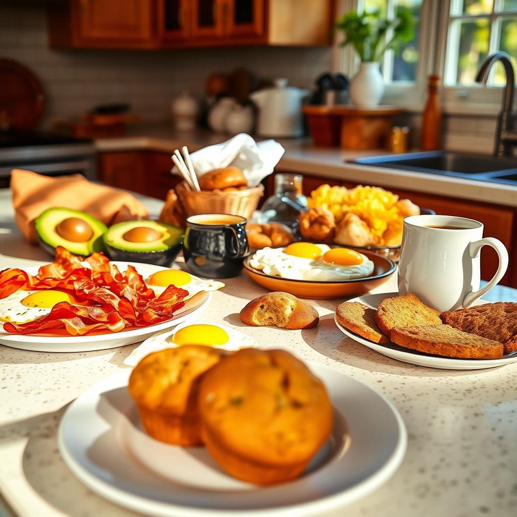 A sunlit kitchen counter overflows with a bountiful keto breakfast spread: crisp bacon, fluffy eggs, juicy avocado slices, and a freshly brewed cup of coffee. Warm sunlight filters through a nearby window, casting a soft glow on the scene. In the foreground, a plate of keto-friendly baked goods - muffins, scones, or low-carb pastries - tempt the viewer. The overall atmosphere is one of health, vitality, and the rejuvenating power of a nutrient-dense keto start to the day.