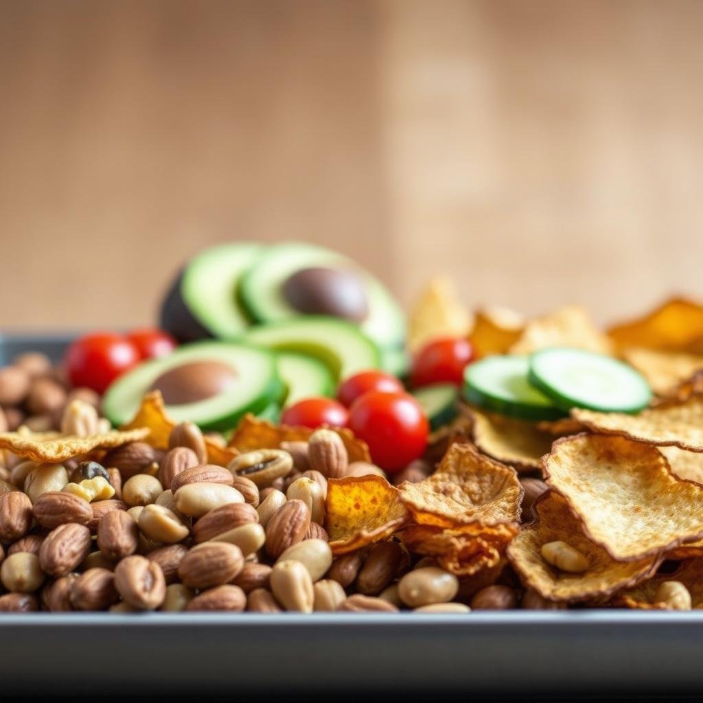 A tray of various crunchy keto-friendly snacks, artfully arranged against a warm, neutral background. In the foreground, a selection of roasted nuts, pepitas, and crisp veggie chips, their textures and golden hues glistening under soft, even lighting. In the middle ground, creamy avocado slices, juicy cherry tomatoes, and tangy cucumber rounds add pops of vibrant color. The background features a subtle, textured surface, perhaps a wooden or natural fiber mat, creating a rustic, earthy ambiance. The overall scene conveys a sense of wholesome, satisfying indulgence without the carb-heavy guilt.