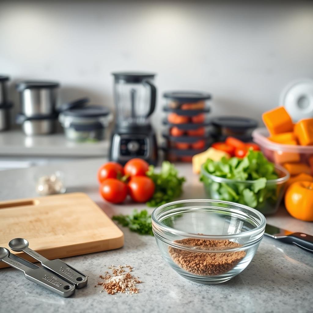A well-lit countertop with various meal prep tools and ingredients, including a cutting board, knife, containers, and fresh produce. In the foreground, a set of measuring spoons and a mixing bowl filled with a keto-friendly seasoning blend. The middle ground features a blender, a stack of storage containers, and a collection of pre-chopped vegetables. In the background, a minimalist kitchen backdrop with muted tones creates a calming atmosphere, emphasizing the efficiency and simplicity of the meal-prep process. Soft, diffused lighting from above highlights the textures and colors of the scene, conveying a sense of organization and productivity.