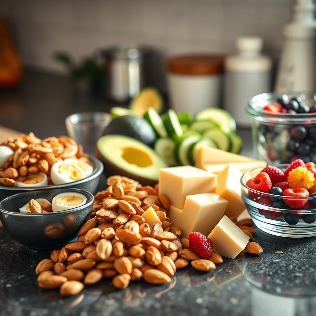 5-minuted keto snacks A well-stocked kitchen counter with various keto-friendly snack ingredients, including roasted almonds, macadamia nuts, hard-boiled eggs, avocado halves, cheese slices, cucumber slices, and a clear glass container filled with fresh berries. The lighting is soft and natural, creating a warm, inviting atmosphere. The camera angle is slightly elevated, capturing the arrangement in an appetizing and visually appealing manner. The focus is sharp, emphasizing the textures and colors of the ingredients, while the background is subtly blurred, directing attention to the delectable snack items.