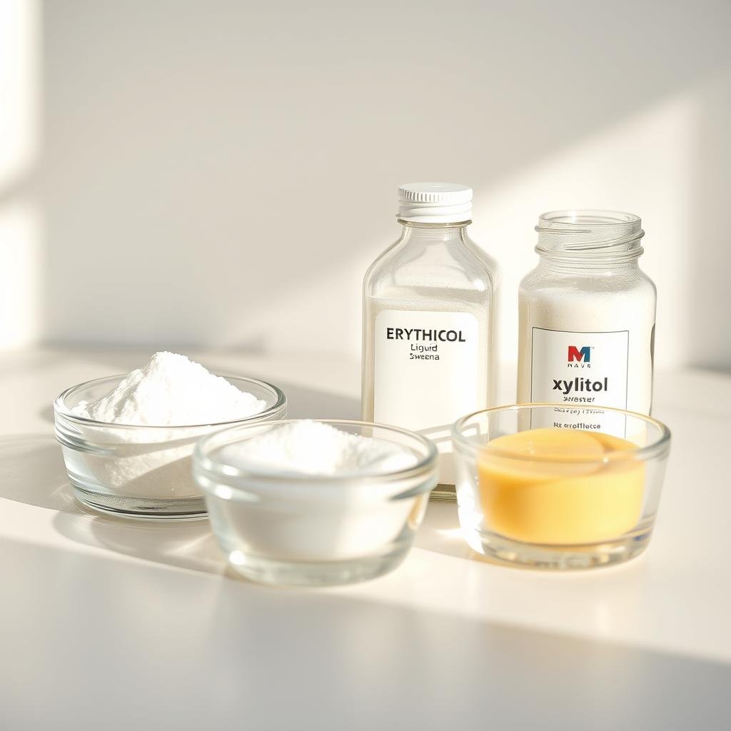 High-quality close-up photo of an assortment of natural keto-friendly sweeteners displayed on a clean white surface, with soft natural lighting illuminating the scene from the side. The sweeteners should include powdered erythritol, liquid stevia, monk fruit sweetener, and xylitol, each in a small glass container or dish. The arrangement should be visually appealing, highlighting the unique textures and colors of the different sweeteners. The focus should be on the sweeteners themselves, without any distracting elements or background. The overall mood should be clean, minimalist, and informative, conveying the idea of healthier, low-glycemic sweetening options.