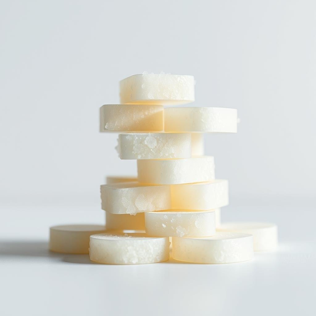 Prompt A close-up, detailed view of a stack of crystalline erythritol sweetener tablets against a plain, light background. The crystals have a translucent, slightly yellowish hue and are arranged in a neat, organized manner. The lighting is soft and diffused, creating subtle shadows that accentuate the natural texture and geometry of the erythritol. The depth of field is shallow, keeping the foreground tablets in sharp focus while blurring the background. The overall mood is clean, minimal, and scientific, highlighting the purity and unique properties of this keto-friendly sugar alcohol.