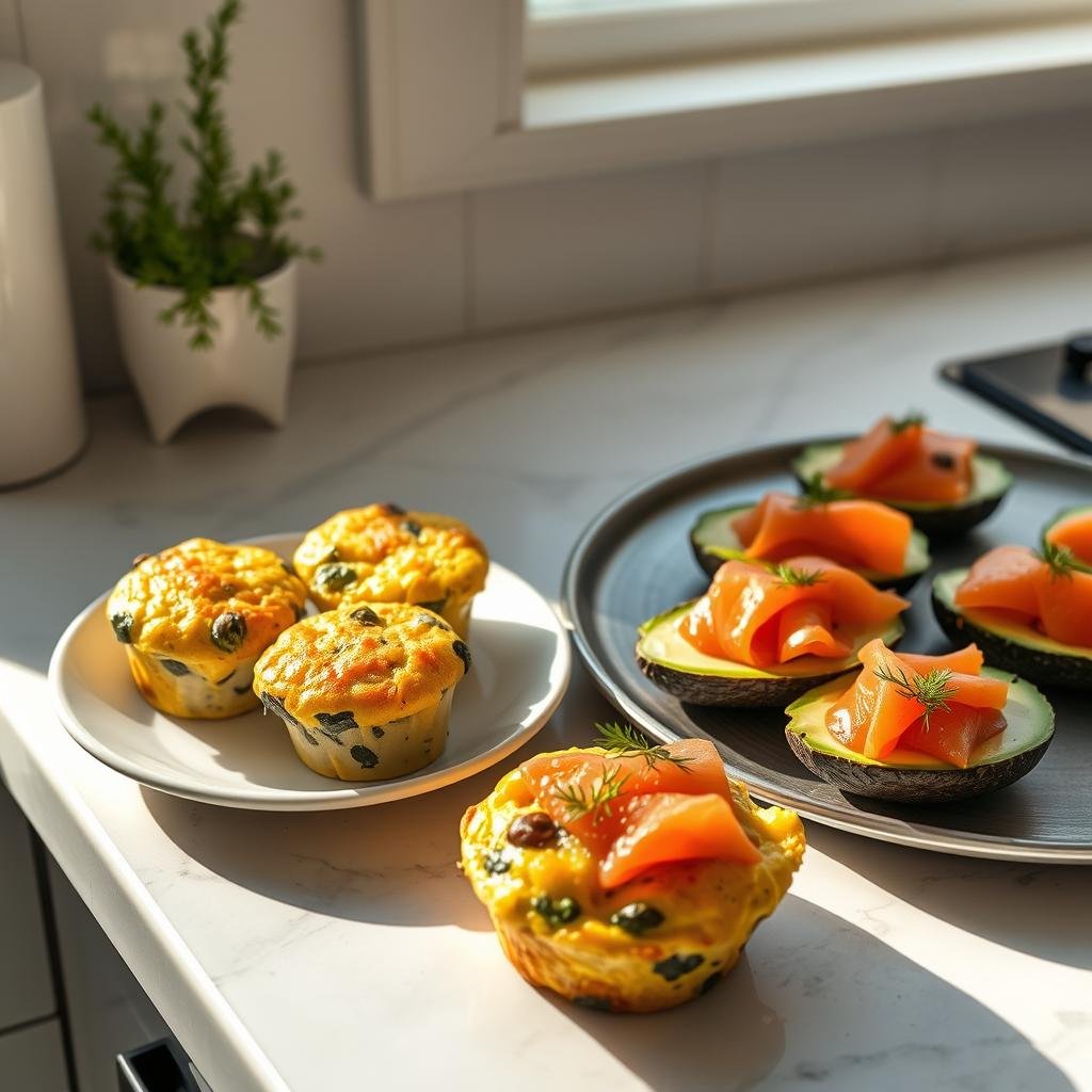Sunlit kitchen counter featuring a plate of cheesy spinach and egg muffins, alongside a platter of avocado boats filled with smoked salmon, garnished with fresh dill. The muffins have a golden-brown crust and a melty, creamy interior. The avocado boats are neatly arranged, their vibrant green flesh contrasting with the vibrant pink salmon. Soft, diffused lighting bathes the scene, creating a cozy, appetizing atmosphere. The composition is well-balanced, with the muffins and avocado boats taking center stage, surrounded by a clean, minimalist background that allows the food to shine.