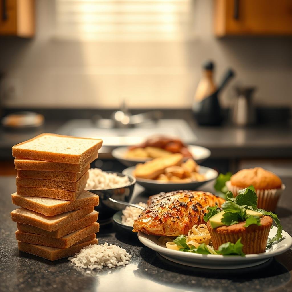 A dimly lit kitchen counter, with an array of hidden carb-containing foods in the foreground - a stack of seemingly innocent-looking bread slices, a bowl of rice, a plate of pasta, and a half-eaten muffin. In the middle ground, a keto-friendly plate with grilled chicken, avocado, and leafy greens stands in contrast. The background is blurred, creating a sense of focus on the "hidden carbs" that can sabotage a keto diet. Warm, natural lighting casts subtle shadows, emphasizing the deceptive nature of these carb-heavy foods. The overall atmosphere is one of caution and awareness, urging the viewer to be mindful of hidden carbohydrates.