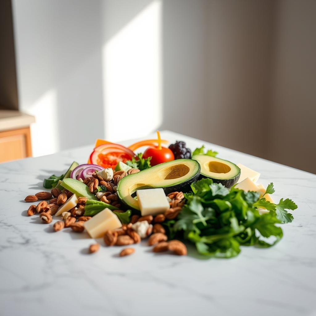 A minimalist still-life arrangement showcasing the effortless ease of no-cook keto cuisine. A sleek marble or wooden countertop serves as the backdrop, illuminated by soft, natural light filtering in from an unseen window. On the surface, an array of keto-friendly staples like crisp vegetables, creamy avocado, savory nuts, and tangy cheese slices are casually scattered, creating a visually appealing composition. The overall mood is one of simplicity, health, and an unhurried, lazy approach to low-carb eating. The image conveys the notion that satisfying, nutritious meals can be assembled quickly without any cooking, perfectly embodying the "lazy keto" ethos.