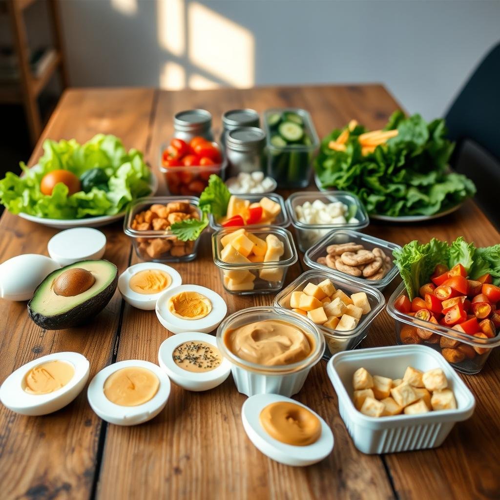 A neatly arranged spread of various keto-friendly lunch options on a rustic wooden table, bathed in warm, natural lighting. In the foreground, a selection of low-carb ingredients like avocado slices, hard-boiled eggs, crisp lettuce leaves, and creamy nut butters. In the middle ground, compact containers holding keto-approved snacks such as sliced cucumber, cherry tomatoes, and bite-sized cheese cubes. In the background, a subtle hint of a minimalist office setting, suggesting the ease of assembling these quick, no-reheat keto lunches at work.