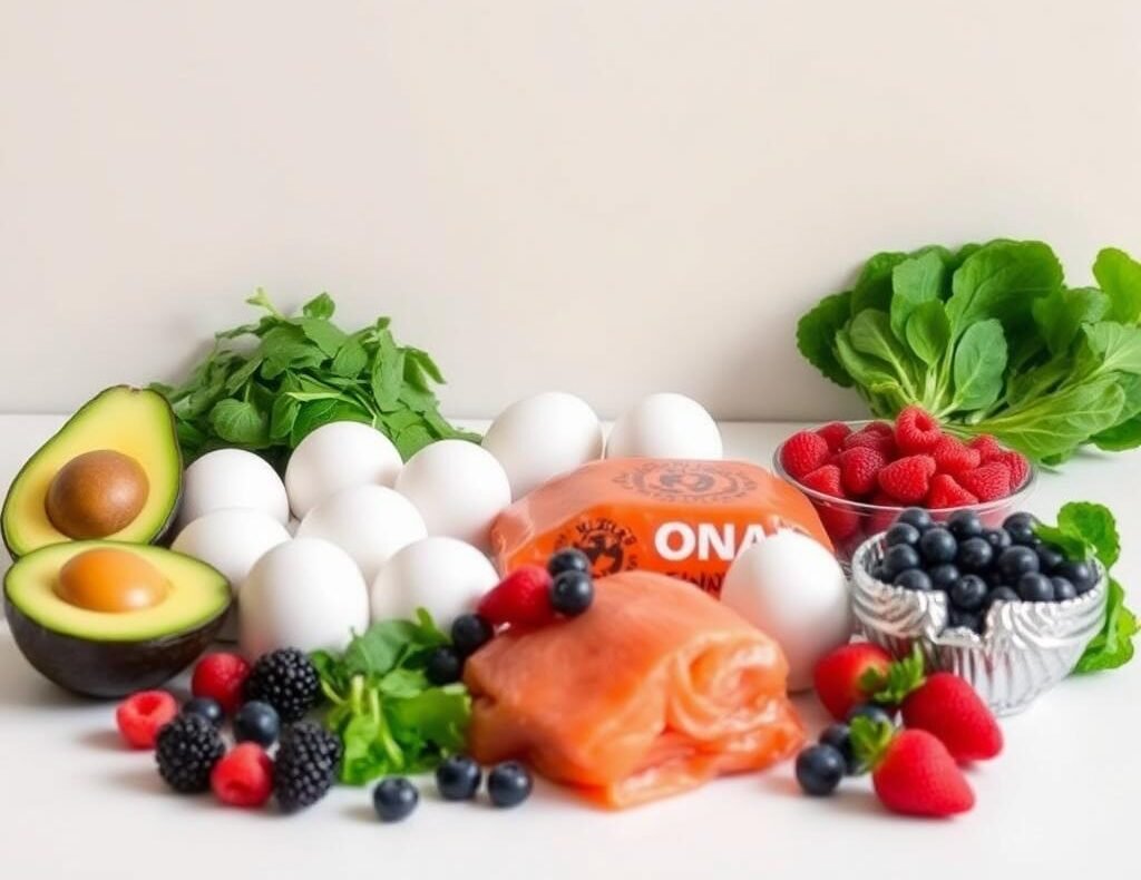 A neatly organized no-cook lazy keto hacks shopping list against a clean, minimalist background. In the foreground, various keto-friendly food items are arranged in a grid, including avocado, eggs, salmon, spinach, and berries, all captured with a crisp, high-resolution lens and natural lighting. The middle ground features a simple white table or countertop, creating a serene, uncluttered composition. The background is a soft, muted color that complements the natural tones of the ingredients, exuding a sense of calm and simplicity. The overall mood is one of efficiency and practicality, with a focus on the essential keto-friendly items needed for a no-cook meal plan.