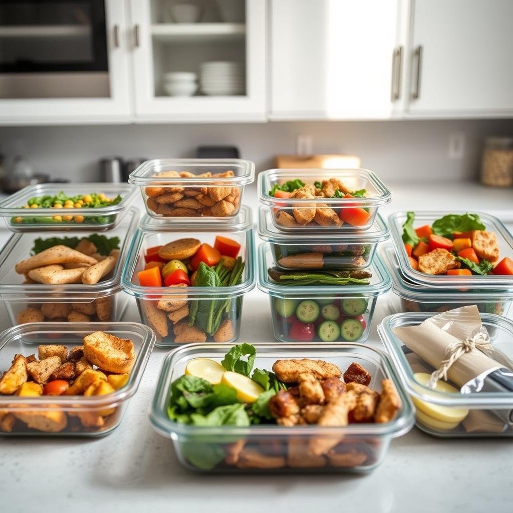 A well-organized kitchen counter with an assortment of keto-friendly meal prep containers, filled with various low-carb ingredients such as grilled chicken, roasted vegetables, and a side of leafy greens. The containers are arranged in a visually appealing manner, with a neutral background that emphasizes the clean, minimalist aesthetic. Soft, natural lighting illuminates the scene, creating a warm and inviting atmosphere. The overall composition conveys a sense of efficiency and meal planning, perfectly capturing the "Meal prep strategies for a week of easy keto lunch ideas" theme.