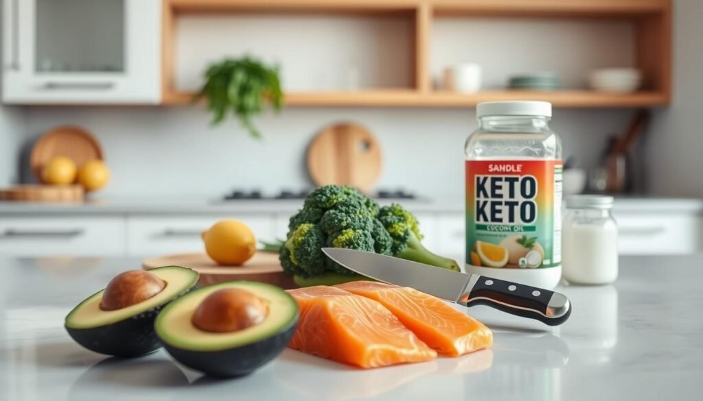 A well-lit kitchen counter with fresh keto-friendly ingredients neatly arranged in the foreground - avocado, broccoli, salmon fillets, and a jar of coconut oil. In the middle ground, a chopping board and a sharp chef's knife, conveying the idea of simple meal preparation. The background features a clean, minimalist kitchen with wooden shelves, suggesting an organized, efficient cooking space. The overall atmosphere is calm and focused, with soft, natural lighting casting a warm glow over the scene, inspiring feelings of ease and confidence in the keto cooking process. A well-lit kitchen counter for easy keto dinners with fresh keto-friendly ingredients neatly arranged in the foreground - avocado, broccoli, salmon fillets, and a jar of coconut oil. In the middle ground, a chopping board and a sharp chef's knife, conveying the idea of simple meal preparation. The background features a clean, minimalist kitchen with wooden shelves, suggesting an organized, efficient cooking space. The overall atmosphere is calm and focused, with soft, natural lighting casting a warm glow over the scene, inspiring feelings of ease and confidence in the keto cooking process.