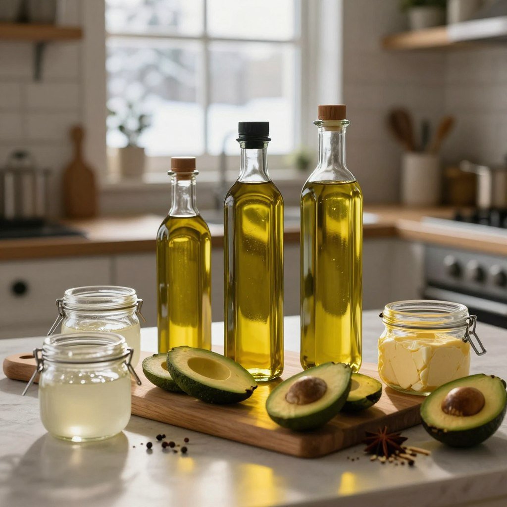 A cozy kitchen scene focused on foundational fats suited for a cold-weather keto diet. In the foreground, display various glass bottles of vibrant, high-quality oils such as olive oil and avocado oil, alongside rustic jars of coconut oil and clarified butter. The middle section features a wooden cutting board adorned with avocado slices and a scattering of spices for added texture. In the background, a softly lit window reveals a winter landscape, emphasizing the warmer tones of the kitchen. The atmosphere exudes warmth and comfort, evoking a sense of preparing hearty meals. Use soft, natural lighting to enhance the richness of the oils and create inviting shadows, shot with a shallow depth of field to draw attention to the fats.