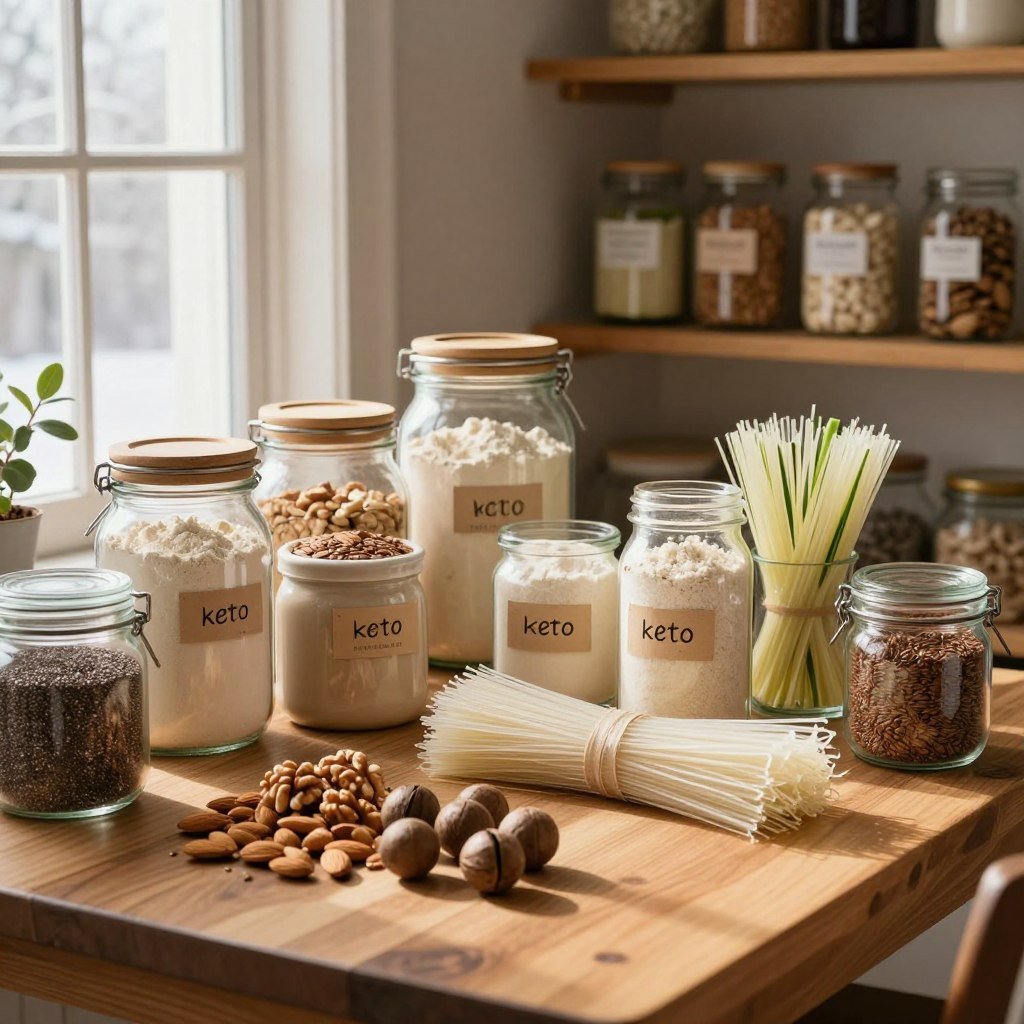 A cozy winter scene featuring a well-organized low-carb pantry stocked with essential keto foods. In the foreground, a wooden table displays an assortment of nuts like almonds, walnuts, and macadamias, alongside chia seeds and flaxseeds in glass jars. The middle area showcases various keto flours, such as almond flour and coconut flour, neatly labeled in rustic containers. Noodle alternatives, like zucchini noodles and shirataki noodles, are artistically arranged to demonstrate their versatility. Soft, warm light filters through a nearby window, casting gentle shadows and creating a welcoming atmosphere. The background features wooden shelves lined with more keto staples, accentuating the theme of healthy eating in winter. The overall mood is inviting, encouraging a sense of warmth and well-being in a functional pantry space.