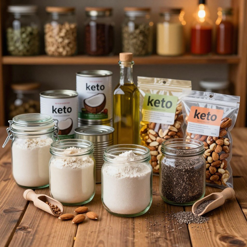 A cozy winter scene showcasing an array of keto pantry staples, beautifully arranged on a rustic wooden table. In the foreground, display glass jars filled with almond flour, coconut flour, and chia seeds, with small wooden scoops beside them. The middle ground features neatly stacked cans of coconut milk, olive oil bottles, and packs of mixed nuts, adding variety and texture. In the background, softly lit shelves filled with dried herbs and spices, like oregano and paprika, create depth. Warm, diffused lighting highlights the rich colors of the ingredients, evoking a warm, inviting atmosphere suitable for winter cooking. The focus should be sharp on the pantry staples, with a slight bokeh effect in the background to enhance the scene's warmth and hominess.
