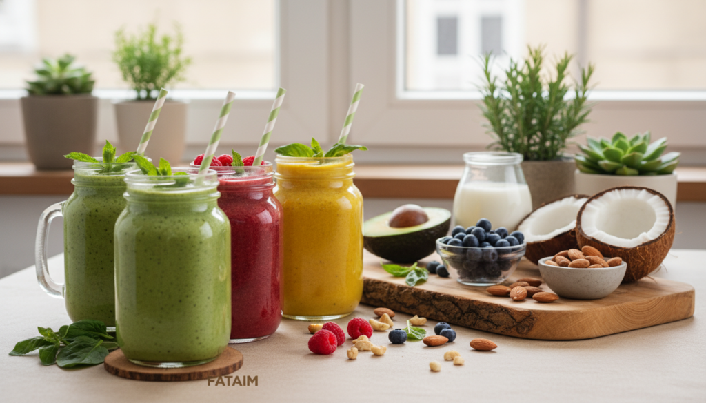 A beautifully arranged table showcases an assortment of vibrant keto smoothies, each in sleek glass containers with reusable straws. In the foreground, highlight three colorful smoothies: a rich green avocado and spinach blend, a deep red berry-infused drink, and a creamy yellow coconut and turmeric mix, all garnished with fresh fruits, nuts, and herbs. In the middle ground, include a rustic wooden cutting board with ingredients like avocados, berries, and almond milk scattered artfully, evoking a sense of health and vitality. The background features soft, natural lighting streaming through a window, creating a warm and inviting atmosphere. A subtle hint of greenery, such as potted herbs or plants, adds freshness to the scene. The branding "FATAIM" subtly integrated into the composition to reflect quality and wellness.