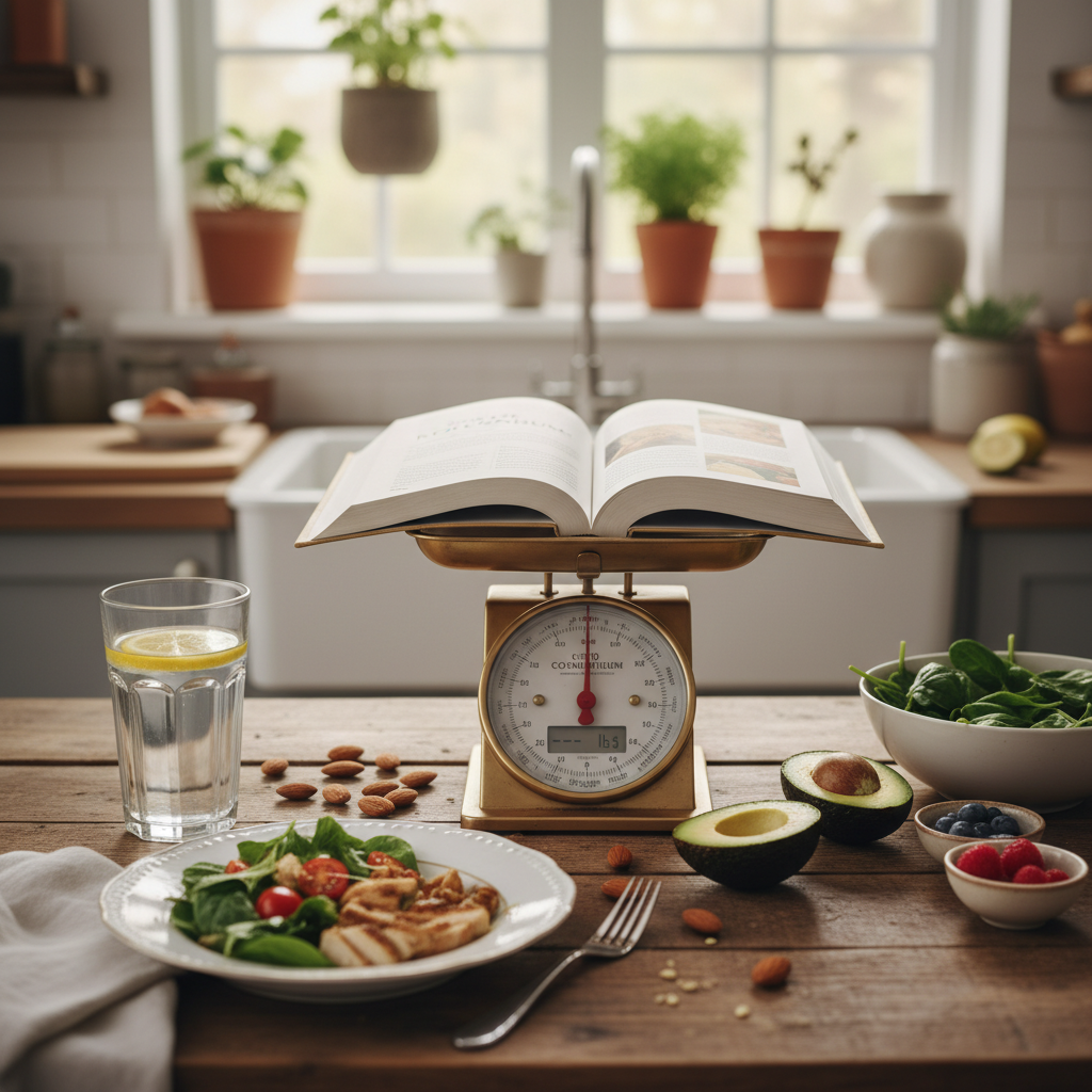 A thoughtful depiction of a keto diet plateau, featuring a balanced table setting with a variety of keto-friendly foods such as avocados, nuts, and leafy greens. In the foreground, a half-eaten plate displays a colorful salad and a glass of water. In the middle, an elegant scale sits with a disheartened keto recipe book open next to it, symbolizing weight stagnation. In the background, a warm kitchen with soft, natural lighting creates a welcoming, yet contemplative atmosphere. The scene conveys a mix of determination and frustration, highlighting the personal journey of those experiencing a keto plateau. The lens should focus sharply on the tabletop, creating a slight blur in the background to maintain emphasis on the keto meal.