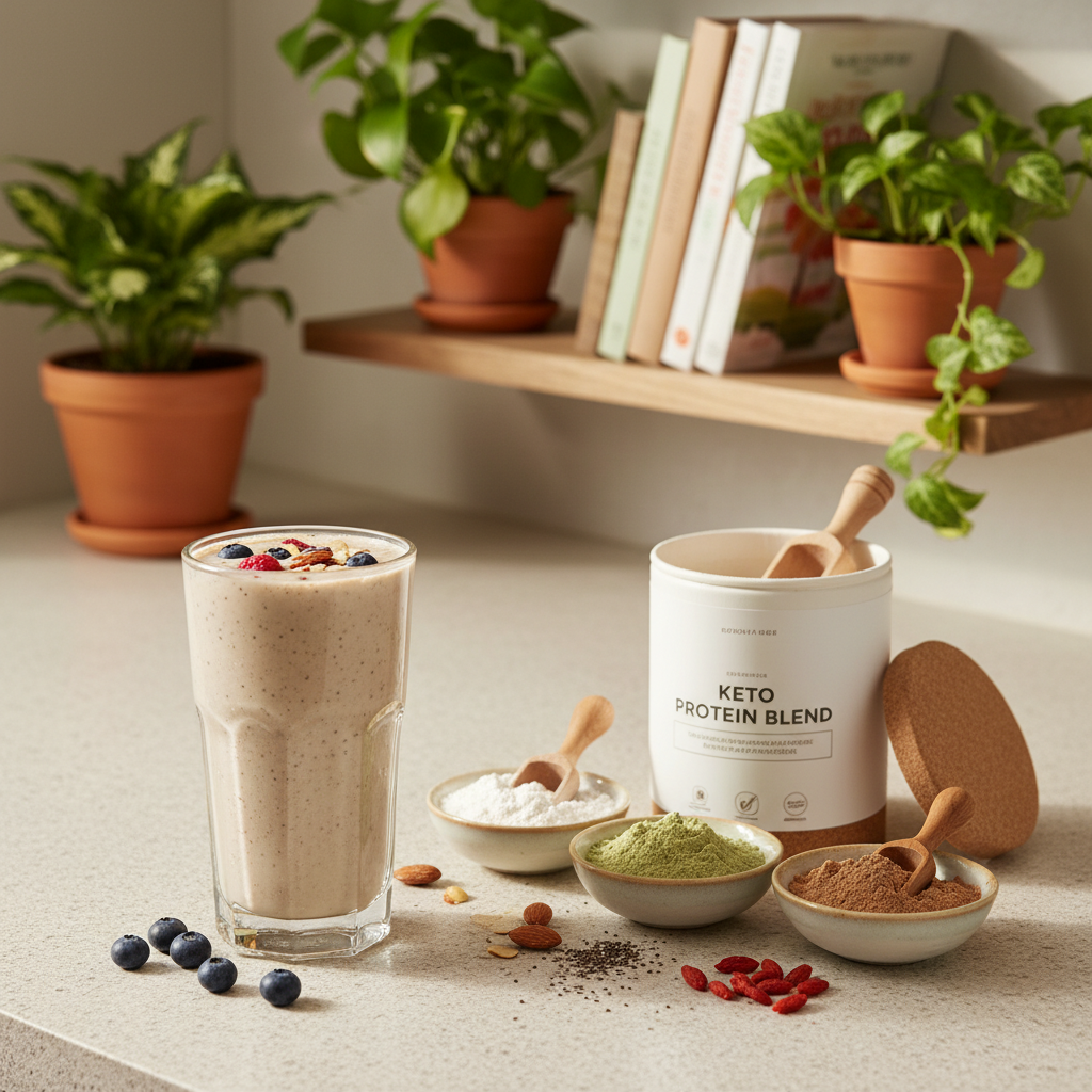 A vibrant and inviting kitchen countertop scene featuring keto-friendly protein powder in a stylish, eco-friendly container. In the foreground, a smooth, creamy keto smoothie glistens in a clear glass, topped with fresh berries and a sprinkle of nuts. The middle ground showcases various protein powder scoops arranged artistically, including collagen peptides and plant-based options, all in natural hues. The background features softly blurred green plants and natural wooden shelves filled with health-inspired cookbooks, conveying a fresh and wholesome atmosphere. Bright, natural lighting illuminates the scene, suggesting a morning setting that invites health and vitality. Shot at a slight angle with a focus on texture and color, this image captures the essence of clean, low-carb nutrition perfectly.