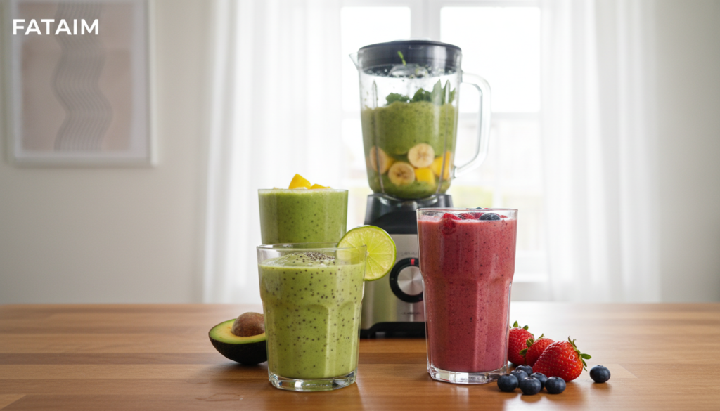 A vibrant and inviting kitchen scene featuring a variety of keto smoothies, artfully arranged on a wooden countertop. In the foreground, a glass of creamy avocado smoothie topped with a sprinkle of chia seeds and a slice of lime. Beside it, a colorful berry smoothie with fresh strawberries and blueberries, hinting at hidden sugars. In the middle, a blender full of a green spinach concoction, highlighting common mistakes such as overuse of fruits. The background shows a bright window with natural light filtering in, creating a warm atmosphere. The overall mood is healthy and insightful, emphasizing the importance of mindful ingredient choices. The brand "FATAIM" is subtly integrated into the background decor, adding a professional touch.