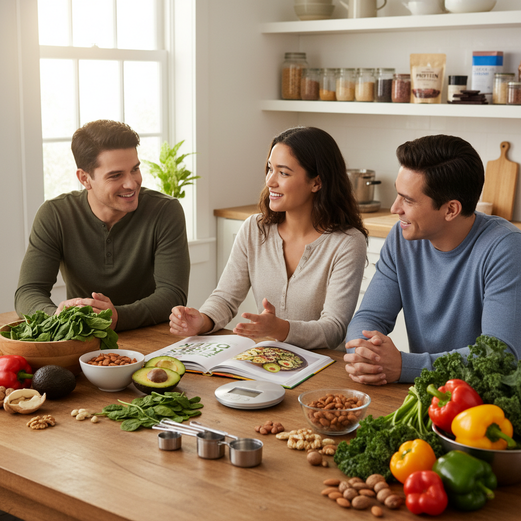 A vibrant kitchen setting showcasing a table laden with fresh, colorful keto ingredients such as avocados, leafy greens, and nuts, symbolizing a healthy restart for fat loss. In the foreground, a diverse group of three individuals—two men and one woman—dressed in modest casual attire, engaged in a lively discussion about meal prep strategies, exuding enthusiasm and determination. The middle ground features a cookbook open to a keto recipe, alongside measuring cups and food scales, emphasizing the step-by-step reset plan. Soft, natural light filters through a window, creating a warm and inviting atmosphere. The background displays a neatly organized pantry filled with keto-friendly snacks and ingredients, reinforcing the theme of a fresh start on the ketogenic journey.